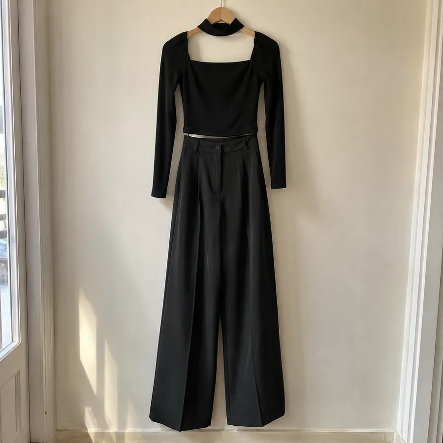 Black choker-neck top hung with black high-waisted wide trousers in front of a cream wall