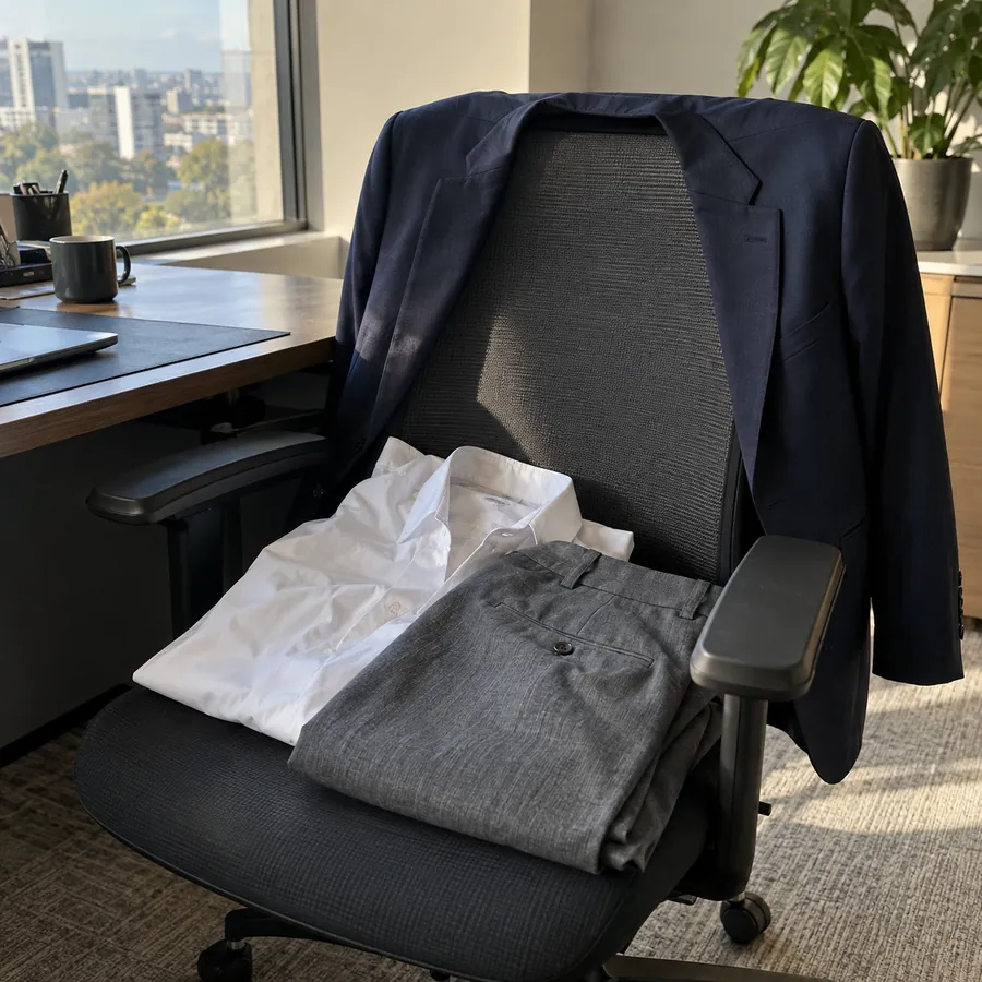 Navy blazer over a chair with a white shirt and grey trousers folded on the seat