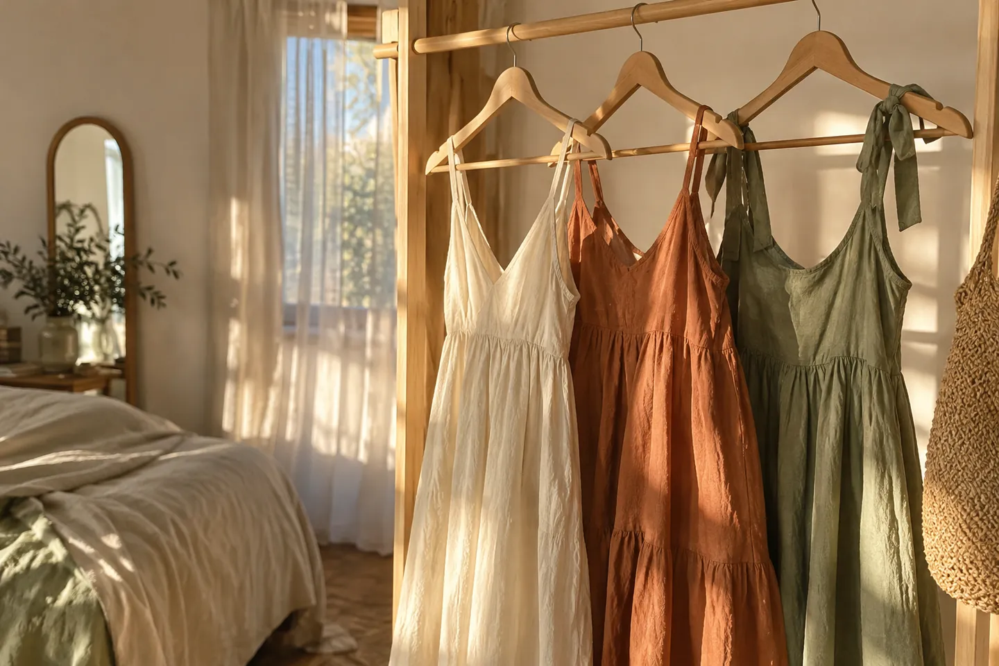 Dresses hanging on a pale wooden rail in warm afternoon light