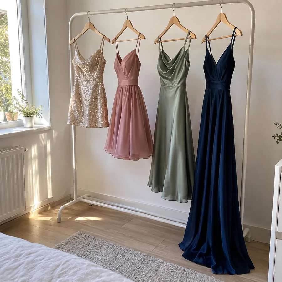 Party dresses of different lengths hanging on a clothing rail in a bright room